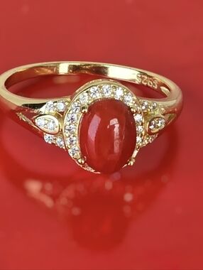 925 Sterling Silver Ring 14K Yellow Gold Plated with Natural Red Coral & CZ